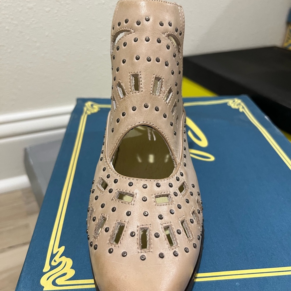 Leather…. Tan Booties with Intricate Cut-Out Design